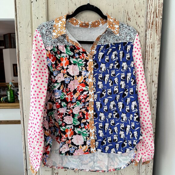 **NEW BOUTIQUE CAT MULTI PRINT BUTTON DOWN SHIRT - Picture 3 of 3